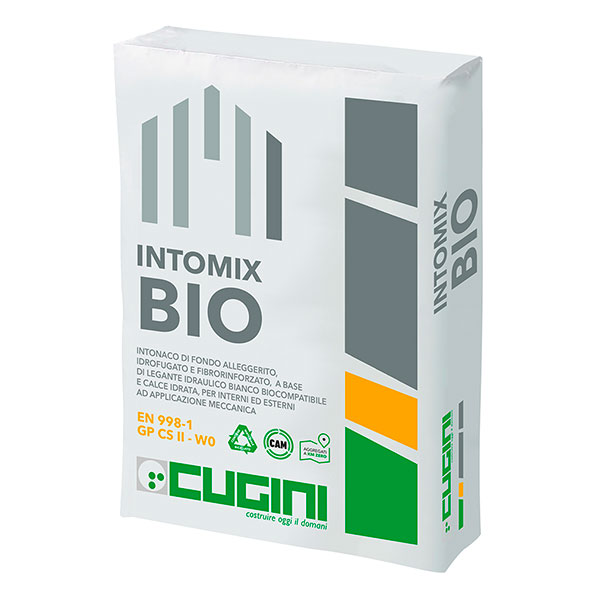 Intonaco di fondo alleggerito, idrofugato e fibro-rinforzato a base di legante idraulico biocompatibile e calce idrata, per interni ed esterni ad applicazione meccanica